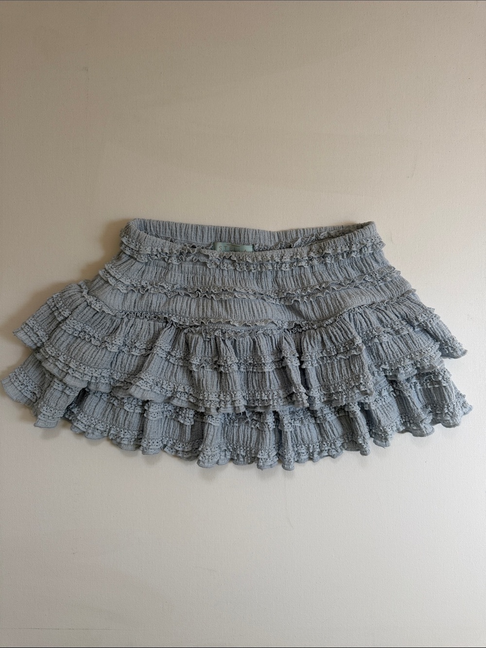 Light Blue Ruffle Tiered Mini Skirt by STELLA Laguna Beach XS